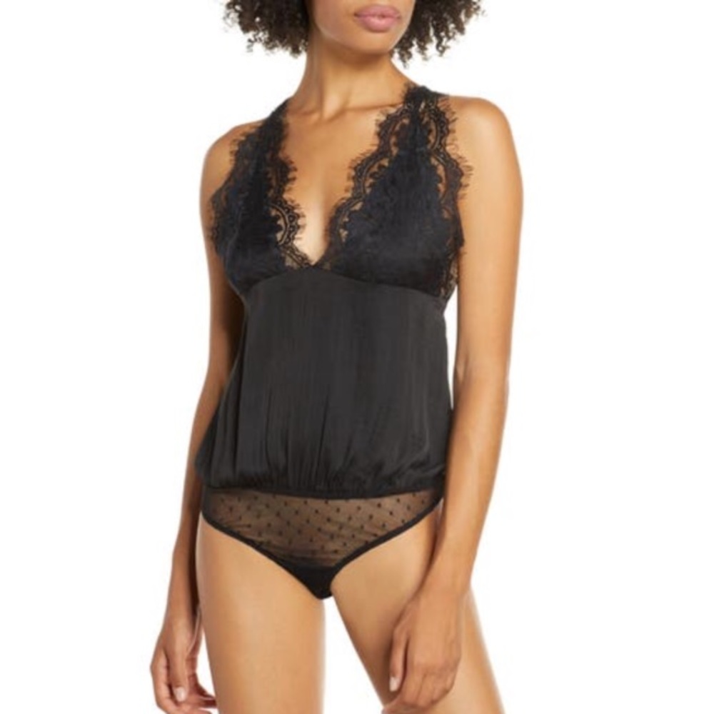 Free People Melrose Black Lace Trim Open Back Bodysuit Size Small